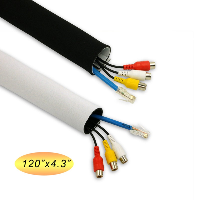 Cable Mangement Sleeves, Velcro Design, Black/White Reversible, 120-Inch Cord Organizers (Narrow Version) with Wire Labels